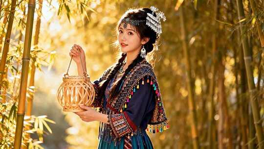持灯笼少数民族女子竹林留影