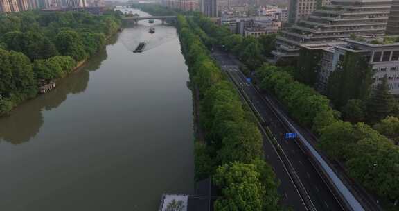 杭州拱墅区大运河河畔风光航拍