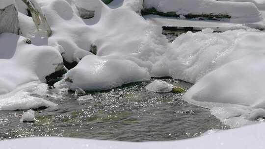 春天被雪覆盖的河流河水