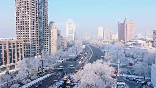 中国黑龙江哈尔滨城区雾凇雪景航拍