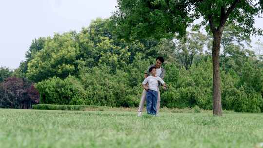阳光明媚父子二人公园草坪一起玩耍亲近自然视频素材模板下载