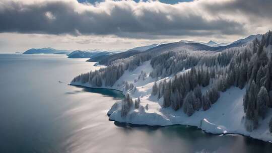 冬季雪山湖泊森林全景