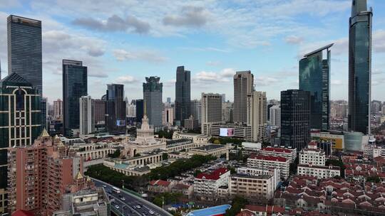 上海展览中心中苏友好大厦日出蓝天白云航拍视频素材模板下载