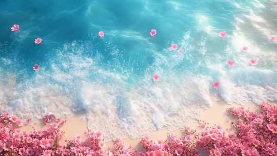 海浪沙滩与飘落的粉色花瓣