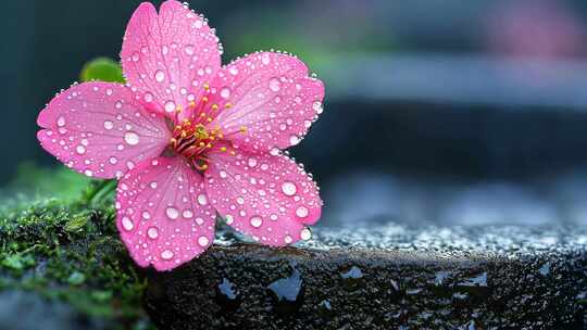 雨中带水珠的粉色落花特写