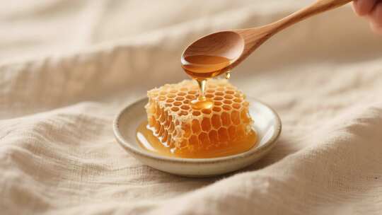 木勺舀蜂蜜滴在蜂巢蜜上