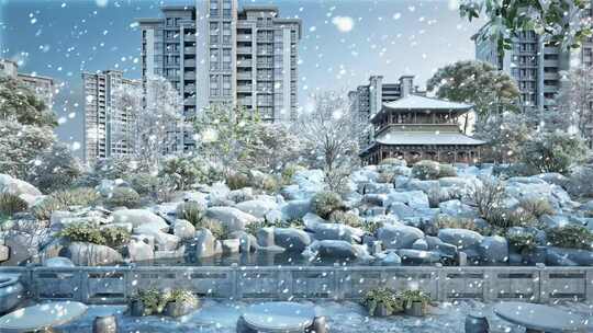 唯美新中式园林冬景动画素材