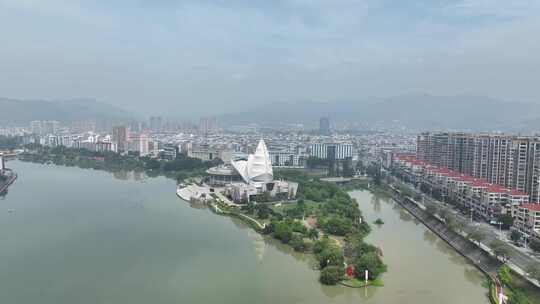 福建省漳州市南靖县文化中心湖心岛航拍