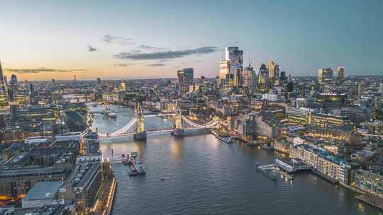 伦敦金融城泰晤士河灯光夜景航拍延时视频素材模板下载