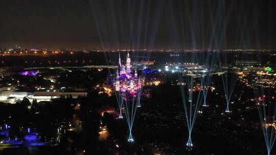 航拍上海迪士尼灯光秀表演视频素材模板下载