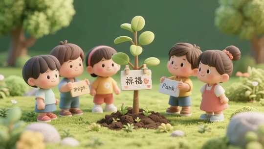 卡通儿童植树祝福场景