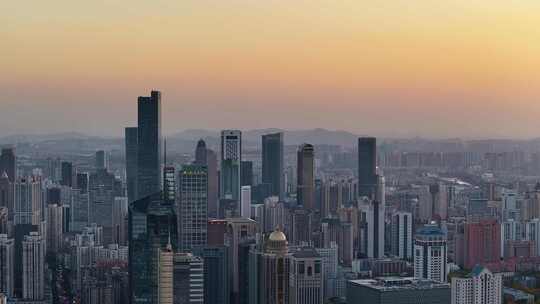 江苏南京CBD紫峰大厦建筑群日落夜景航拍