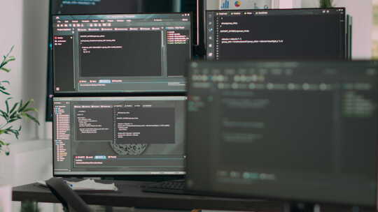 带多屏幕的办公桌，显示数字编程网络