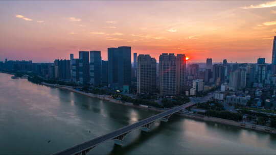 湖南长沙万科广场日出景点航拍延时摄影视频素材模板下载