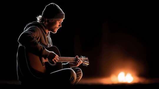 篝火旁弹吉他的年轻男子侧影