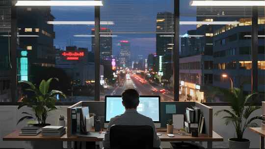 男人城市夜景办公加班商务场景视频