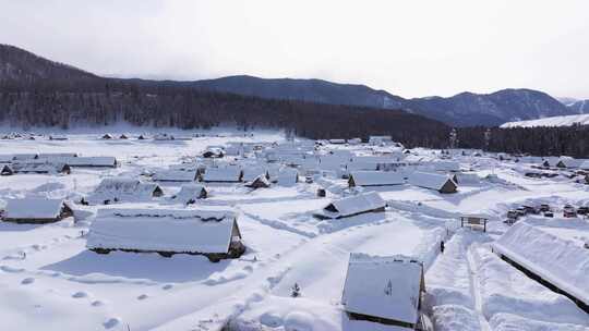 航拍新疆禾木雪景森林雪地小木屋禾木桥雪山