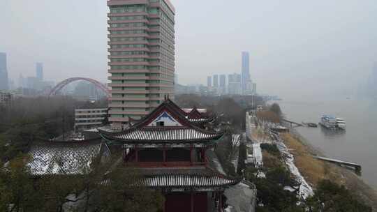 武汉汉阳区晴川阁雪景航拍