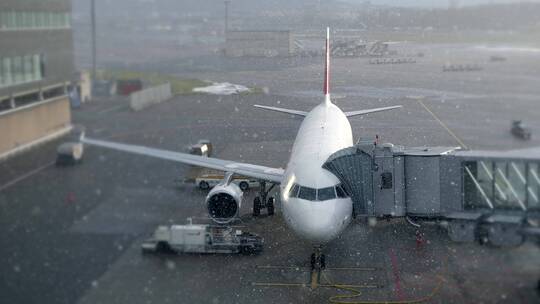 下雪天停在机场航站楼的飞机