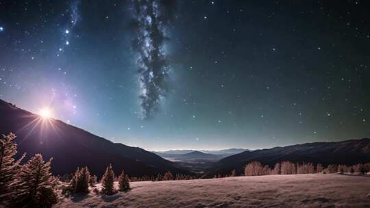 雪山星空夜景全景