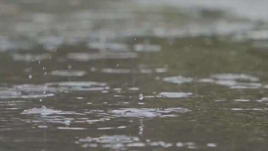 下雨雨水雨滴落在地面慢动作升格意境