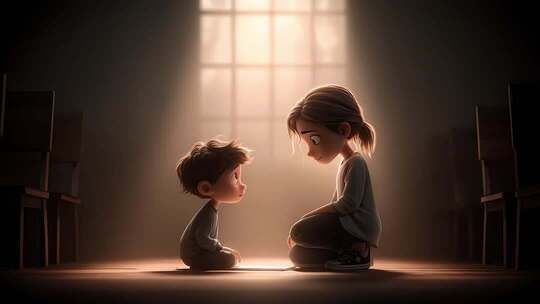 卡通母子温馨互动场景充满爱意