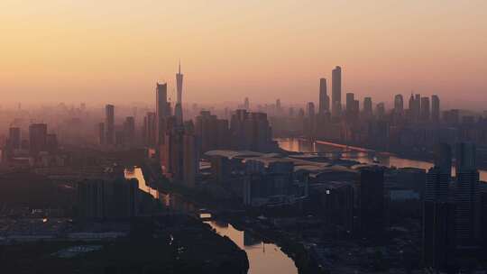 广州琶洲日落金光建筑航拍