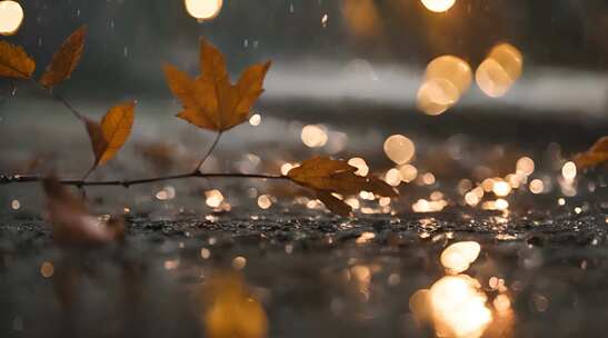 秋天的雨落在枯树叶上