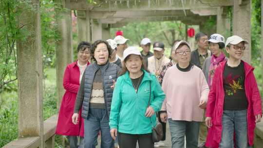 老年人微笑开心旅游户外公园树林激动