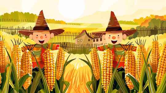 稻草人卡通动画片 金黄稻田丰收粮食画面