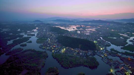 航拍夕阳下诸暨白塔湖国家湿地公园