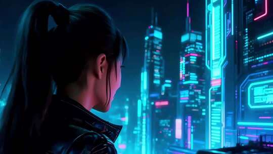 赛博朋克风女性眺望未来城市