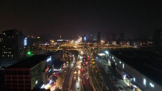 航拍山东济南城市高架桥夜景交通
