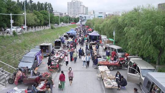 延边早市全景水上市场东北人文摊位人流人群