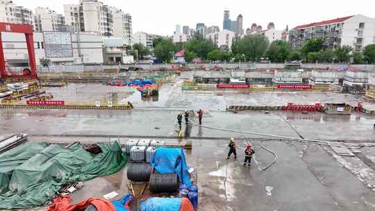 航拍消防演习消防车进场喷水视频素材模板下载