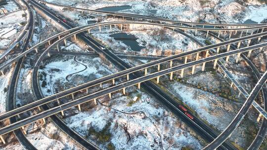 金华华东第一枢纽怀鲁互通高速公路雪景航拍