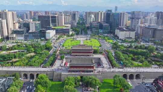 航拍西安城市风光古建筑永宁门希区柯克