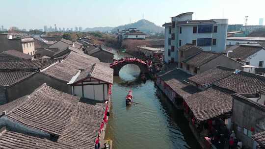 绍兴安昌古镇广场花桥水乡航拍浙江过年氛围