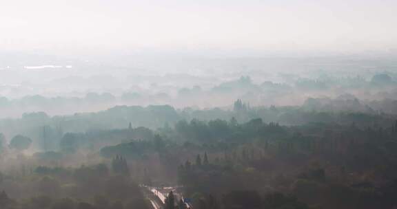 江苏省扬州市瘦西湖大明寺晨曦云雾风光航拍