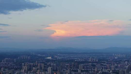 日落黄昏蓝调 航拍晚霞云朵远山城市上空