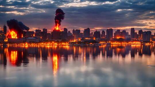 城市火灾夜景及湖面倒影