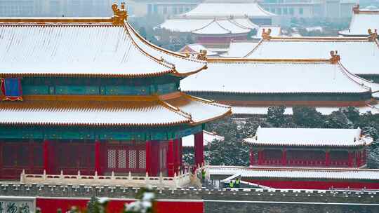 北京冬季下雪天故宫博物院古建筑群风光