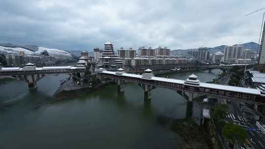 fpv穿越机航拍黔东南锦屏县文书楼风雨桥