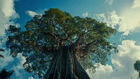 蓝天白云下的高大树木