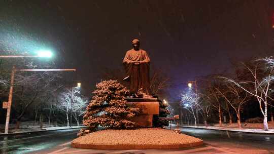 航拍鉴真路扬州雪景夜景鉴真像飘雪视频素材模板下载