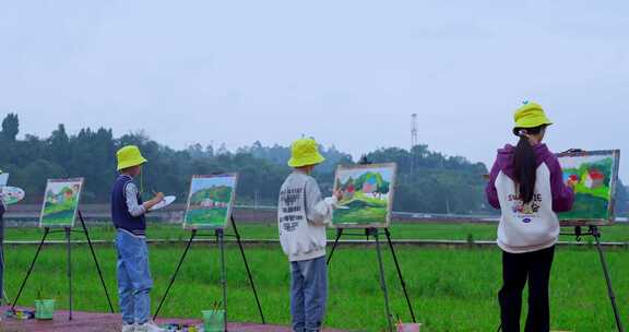 高清实拍户外画画写生农村田园风光