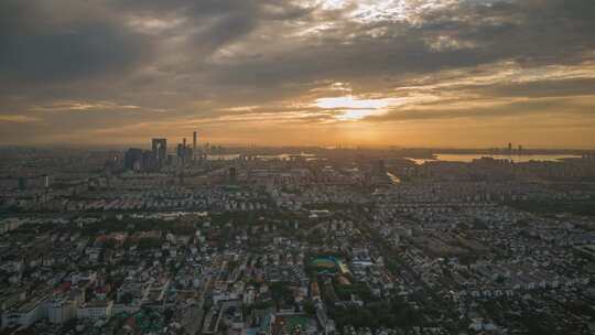 苏州城市清晨光影大景航拍延时