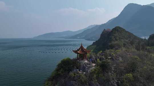 云南玉溪市抚仙湖禄充风景区笔架山航拍风光