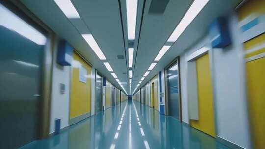 推急救床在医院走廊快速移动
