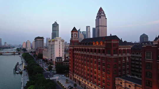 天津海河建筑风景线日落城市风光航拍